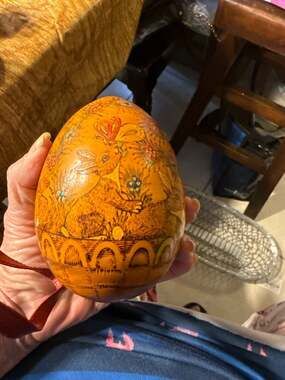 Vintage Hand-Painted Russian Wooden Easter Egg with Bunnies and Flowers